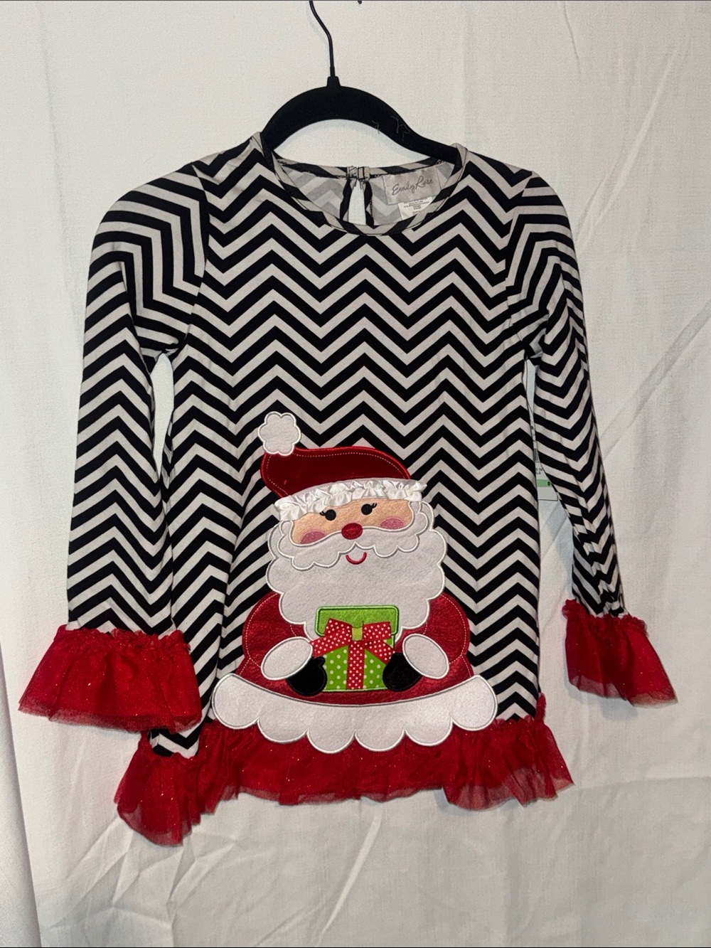 Emily Rose Black & White Chevron Long Sleeve Top with Red Santa Appliqué